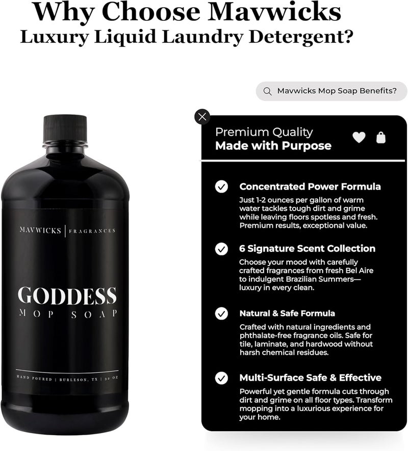 Mavwicks Fragrances - Luxury Mop Soap (Goddess) 32 Oz – Goddess Scented Floor Cleaner for Mopping – Pet Safe, Best Smelling Mop Detergent for All Surfaces - Image 1